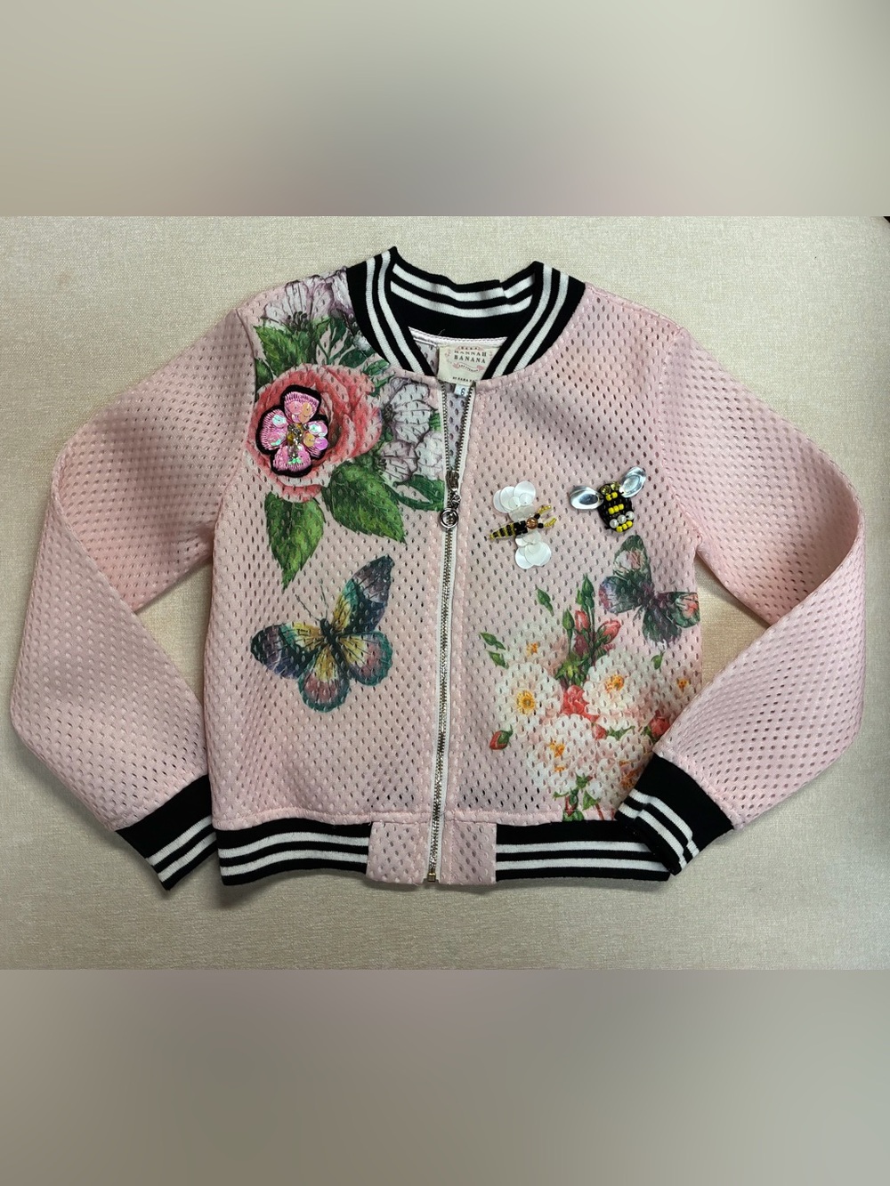Hannah Banana Girls 6 Pink Floral Butterfly Bee Mesh Bomber Jacket